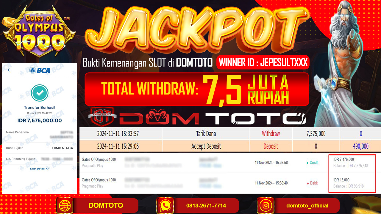 JACKPOT SLOT GATE OF OLYMPUS 1000 11 NOVEMBER 2024